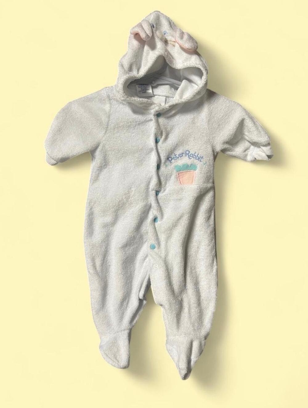 Vintage 80s Peter Rabbit newborn romper with bunny hood Beatrix Potter